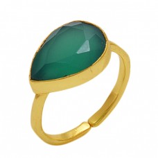 Pear  Shape Green Onyx   Gemstone 925 Sterling Silver Jewelry Gold Plated Ring