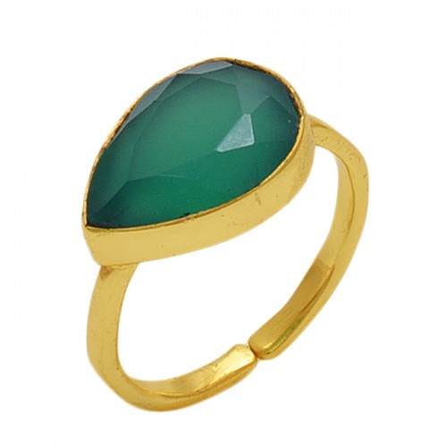 Pear  Shape Green Onyx   Gemstone 925 Sterling Silver Jewelry Gold Plated Ring
