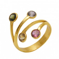 Round  Shape Pink Quartz Citrine Tanzanite  Gemstone 925 Sterling Silver Jewelry Gold Plated Ring