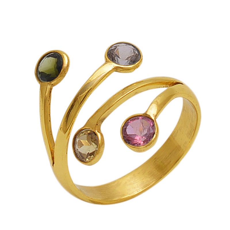 
									Round  Shape Pink Quartz Citrine Tanzanite  Gemstone 925 Sterling Silver Jewelry Gold Plated Ring