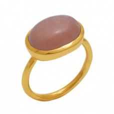 Oval  Shape Peach  Moonstone  Gemstone 925 Sterling Silver Jewelry Gold Plated Ring