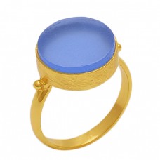 Round  Shape Blue Chalcedony   Gemstone 925 Sterling Silver Jewelry Gold Plated Ring