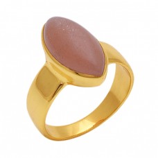 Oval  Shape Peach  Moonstone  Gemstone 925 Sterling Silver Jewelry Gold Plated Ring