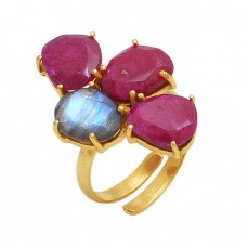 Oval Shape Ruby Labradorite   Gemstone 925 Sterling Silver Jewelry Gold Plated Ring