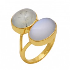 Oval   Shape Prehnite  Moonstone  Gemstone 925 Sterling Silver Jewelry Gold Plated Ring