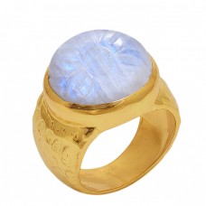 Round   Shape Rainbow   Moonstone  Gemstone 925 Sterling Silver Jewelry Gold Plated Ring