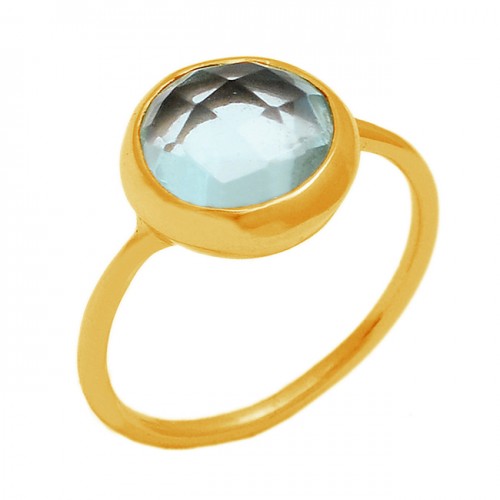 Blue Topaz Round Briolette Cut Shape Gemstone 925 Sterling Silver Gold Plated Jewelry Ring