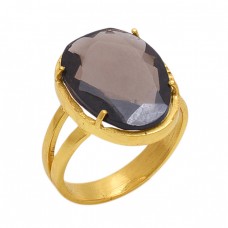 Oval  Shape Smoky Quartz  Gemstone 925 Sterling Silver Jewelry Gold Plated Ring