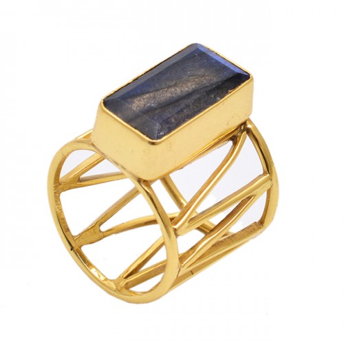 Rectangle   Shape Labradorite  Gemstone 925 Sterling Silver Jewelry Gold Plated Ring