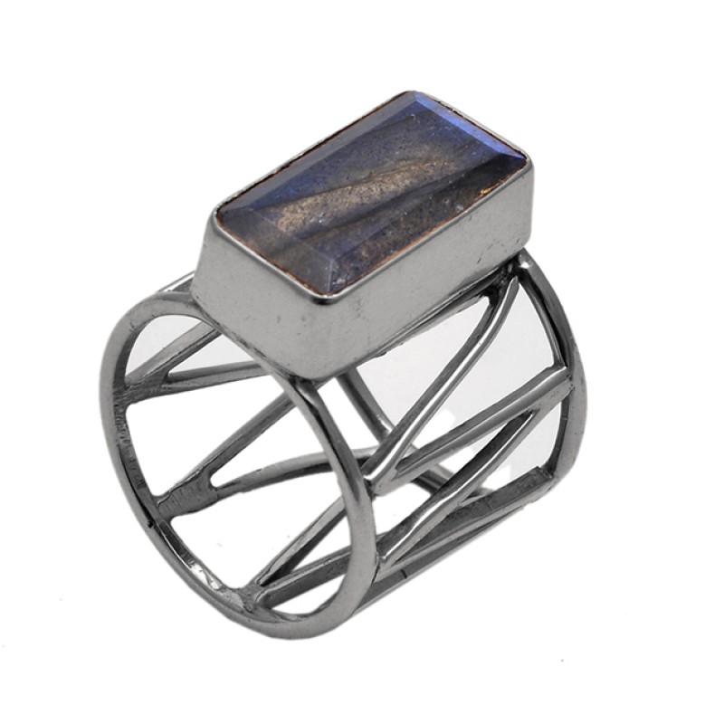 Rectangle   Shape Labradorite  Gemstone 925 Sterling Silver Jewelry Gold Plated Ring