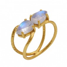 Pear Shape Rainbow Moonstone  Gemstone 925 Sterling Silver Jewelry Gold Plated Ring