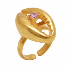 Round  Shape Pink Quartz   Gemstone 925 Sterling Silver Jewelry Gold Plated Ring