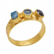 Rough Round  Shape Blue Topaz Apatite Amethyst  Gemstone 925 Sterling Silver Jewelry Gold Plated Ring