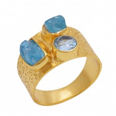 Rough Round Shape Apatite Blue Topaz   Gemstone 925 Sterling Silver Jewelry Gold Plated Ring