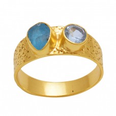 Rough Round  Shape Apatite Blue Topaz  Gemstone 925 Sterling Silver Jewelry Gold Plated Ring