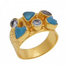 Rough Round  Shape  Apatite Blue Topaz   Gemstone 925 Sterling Silver Jewelry Gold Plated Ring