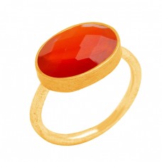 Oval Briolette Carnelian Gemstone Handmade 925 Sterling Silver Gold Plated Ring Jewelry