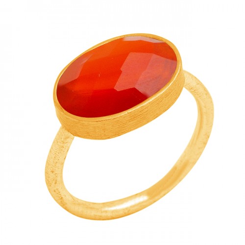 Oval Briolette Carnelian Gemstone Handmade 925 Sterling Silver Gold Plated Ring Jewelry