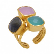 Square  Shape Labradorite Rose Chalcedony Aqua Chalcedony   Gemstone 925 Sterling Silver Jewelry Gold Plated Ring