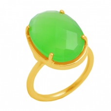 Oval Shape Prehnite Chalcedony Gemstone 925 Sterling Silver Gold Plated Ring