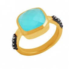 Aqua Chalcedony Cubic Zirconia Gemstone 925 Sterling Silver Gold Plated Ring
