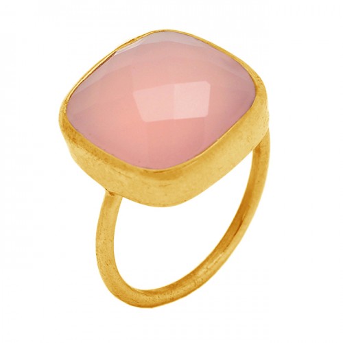 Rose Color Chalcedony Cushion Shape Gemstone 925 Sterling Silver Handmade Gold Plated Ring Jewelry