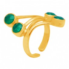 Green Onyx Round Shape Gemstone 925 Sterling Silver Gold Plated Adjustable Ring