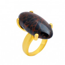 Oval Shape Red Obsidian Gemstone 925 Sterling Silver Gold Plated Ring Jewelry
