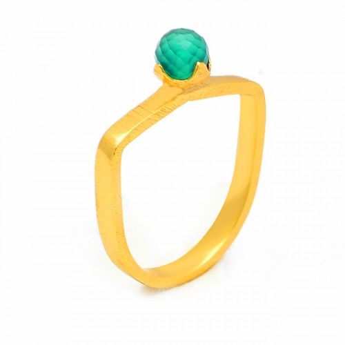 Round Balls Shape Green Onyx Gemstone 925 Sterling Silver Gold Plated Ring