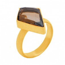 Fancy Kite Shape Smoky Quartz Gemstone 925 Sterling Silver Gold Plated Handmade Design Ring Jewelry