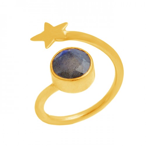 Star Shape Designer Round Shape Labradorite Gemstone 925 Silver Gold Plated Ring