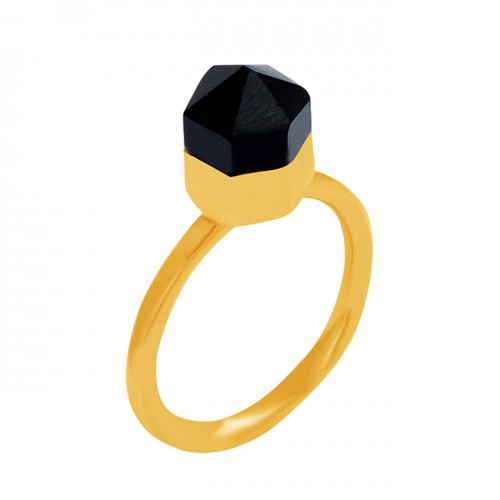 Black Onyx Pencil Shape Gemstone 925 Sterling Silver Gold Plated Ring Jewelry