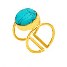 Round Cabochon Turquoise Gemstone 925 Sterling Silver Gold Plated Adjustable Ring Jewelry