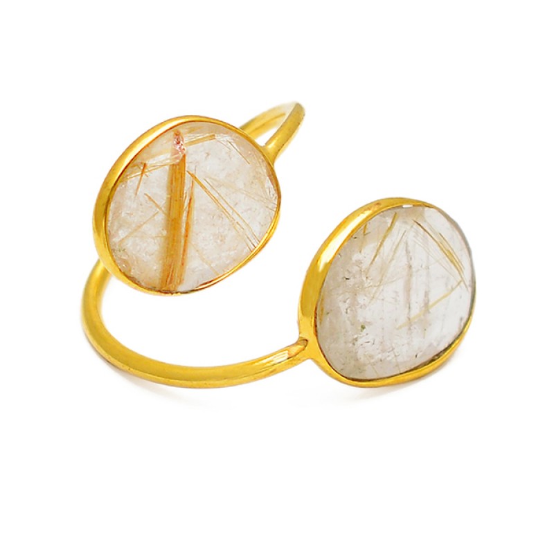 Adjustable Designer Ring Golden Rutile Gemstone 925 Sterling Silver Gold Plated Jewelry