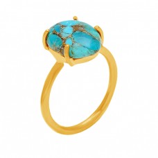 Blue Copper Turquoise Oval Shape Gemstone 925 Sterling Silver Gold Plated Ring