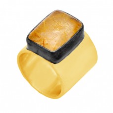 Rectangle Shape Golden Rutile Quartz Gemstone 925 Silver Gold Plated Ring