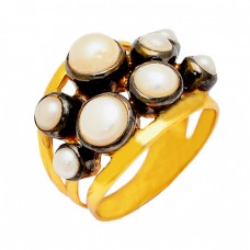 Round Cabochon Pearl Gemstone 925 Sterling Silver Gold Plated Cocktail Ring