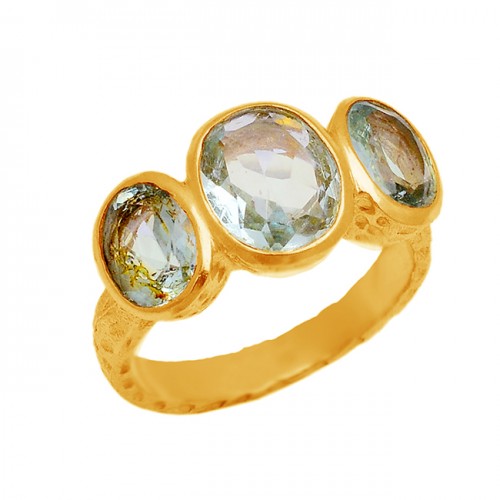Faceted Oval Blue Topaz Gemstone 925 Sterling Silver Gold Plated Ring Jewelry