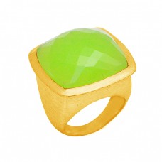 925 Sterling Silver Cushion Shape Prehnite Chalcedony Gemstone Gold Plated Ring