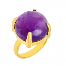 Cabochon Round Shape Amethyst Gemstone 925 Silver Gold Plated Ring Jewelry