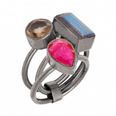 Labradorite Ruby Smoky Quartz Gemstone Handmade 925 Sterling Silver Gold Plated Jewelry Ring