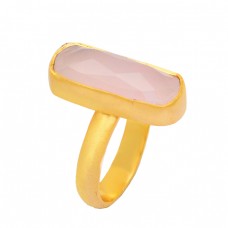 Rectangle Briolette Rose Chalcedony Gemstone 925 Sterling Silver Gold Plated Handcrafted Ring Jewelry