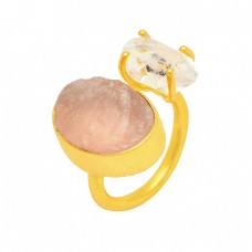 Rose Quartz Herkimer Diamond Rough Gemstone 925 Silver Gold Plated Ring