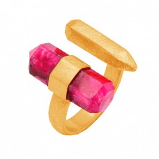 Ruby Pencil Shape Gemstone 925 Sterling Silver Gold Plated Ring Jewelry