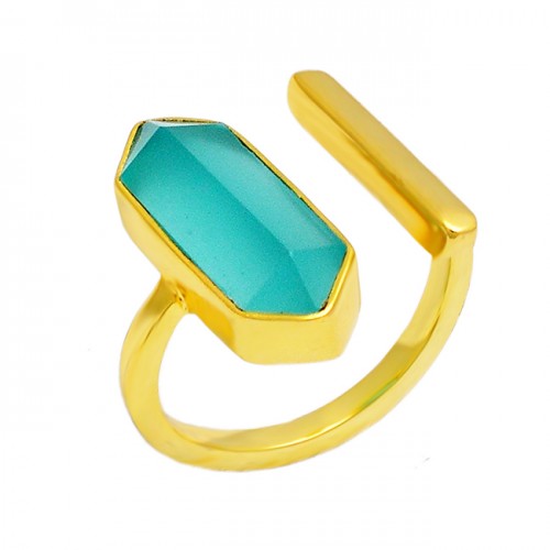 Aqua Color Chalcedony Gemstone Adjustable Ring 925 Sterling Silver Gold Plated Handmade Jewelry