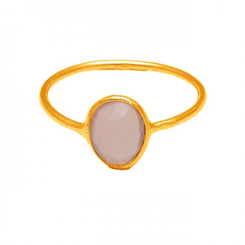 Oval Shape Rose Chalcedony Gemstone 925 Sterling Silver Gold Plated Ring