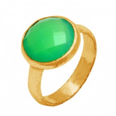 Round Shape Prehnite Chalcedony Gemstone 925 Sterling Silver Gold Plated Ring