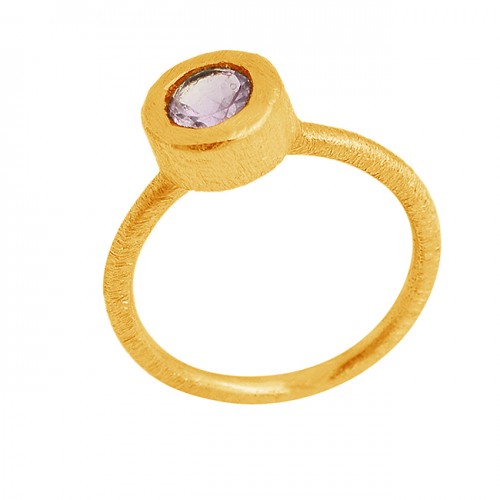 Round Shape Amethyst Gemstone 925 Sterling Silver Gold Plated Designer Ring