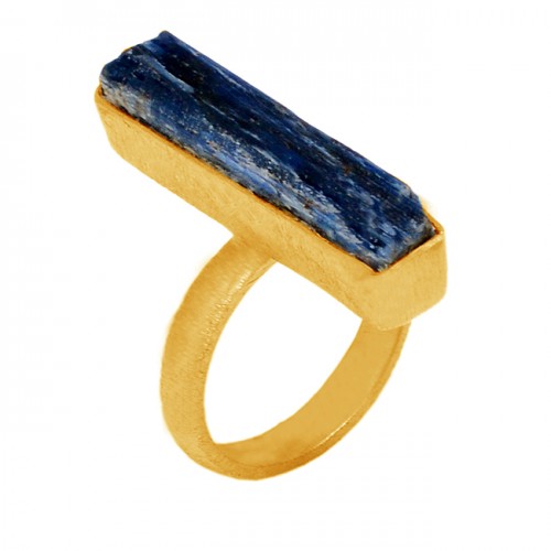 Blue Kyanite Rectangle Shape Gemstone 925 Sterling Silver Gold Plated Ring Jewelry