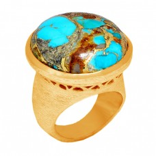 Round Shape Blue Copper Turquoise Gemstone 925 Sterling Silver Gold Plated Ring